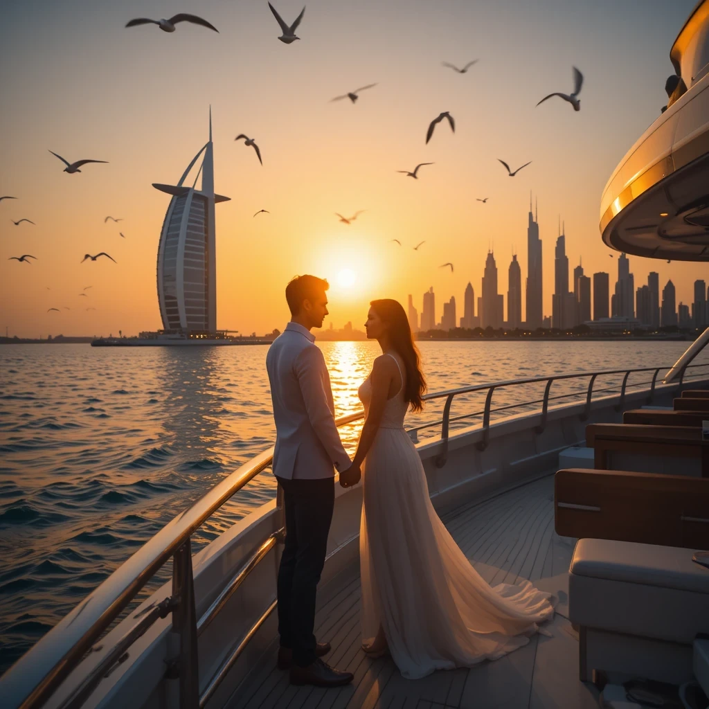 A couple holding hands on a boat at sunset with seagulls flying and the iconic Dubai skyline, including the Burj Al Arab, in the background; representing romantic and free activities to enjoy in Dubai.